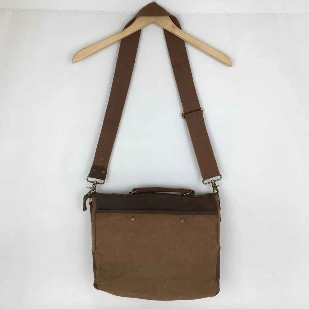 Genuine Leather Brown Canvas Vintage Style Laptop Messenger Bag Satchel